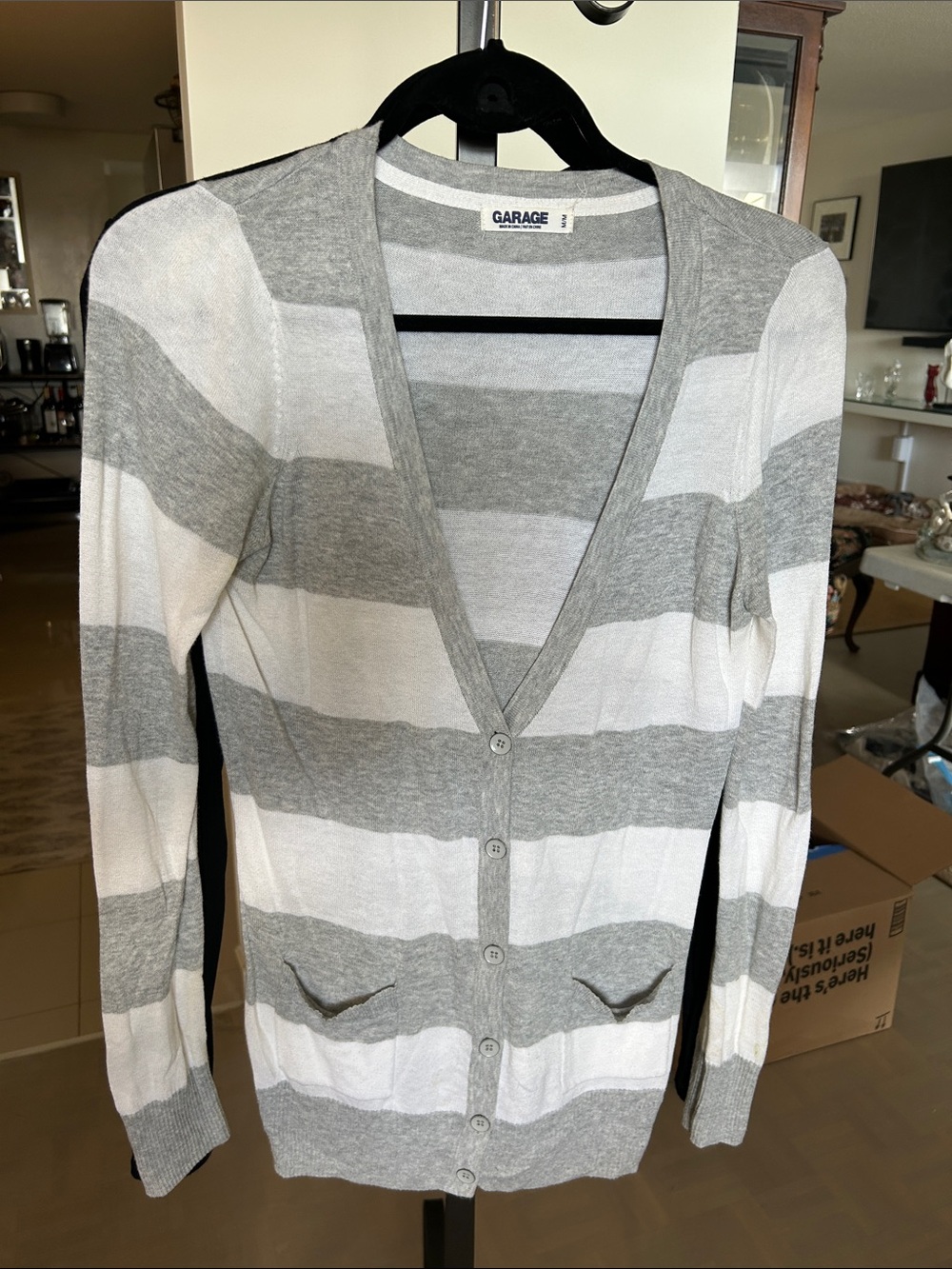 Garage Women's Gray and White Striped V-Neck Cardigan